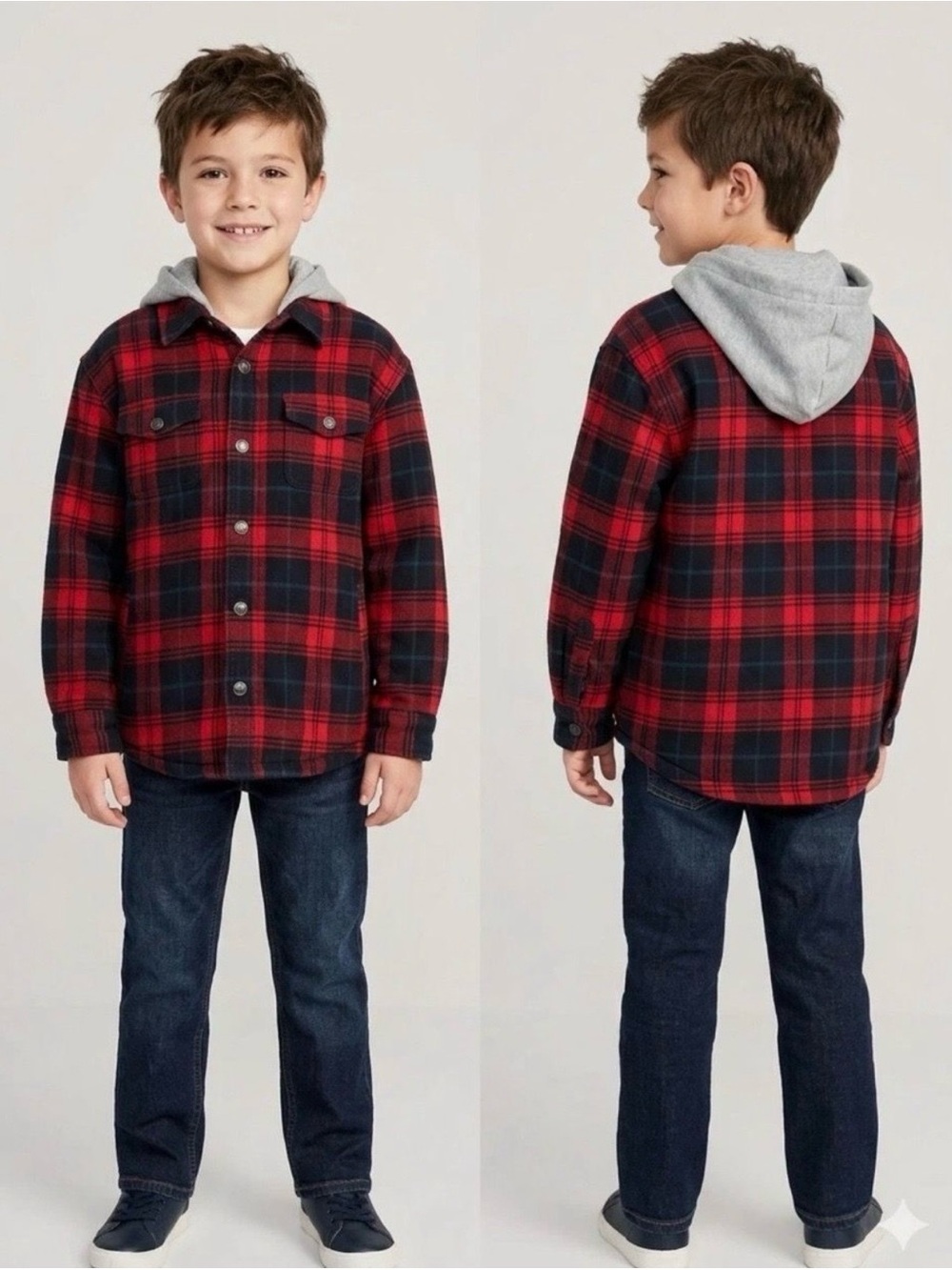 Jachs Red and Black Plaid Hooded Button-Down Jacket